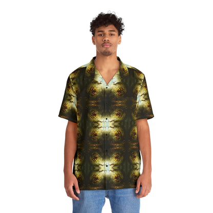 "Hungry Garden" men’s Hawaiian shirt with mutant killer plant graphic in monster aloha pattern; front view; on model.
