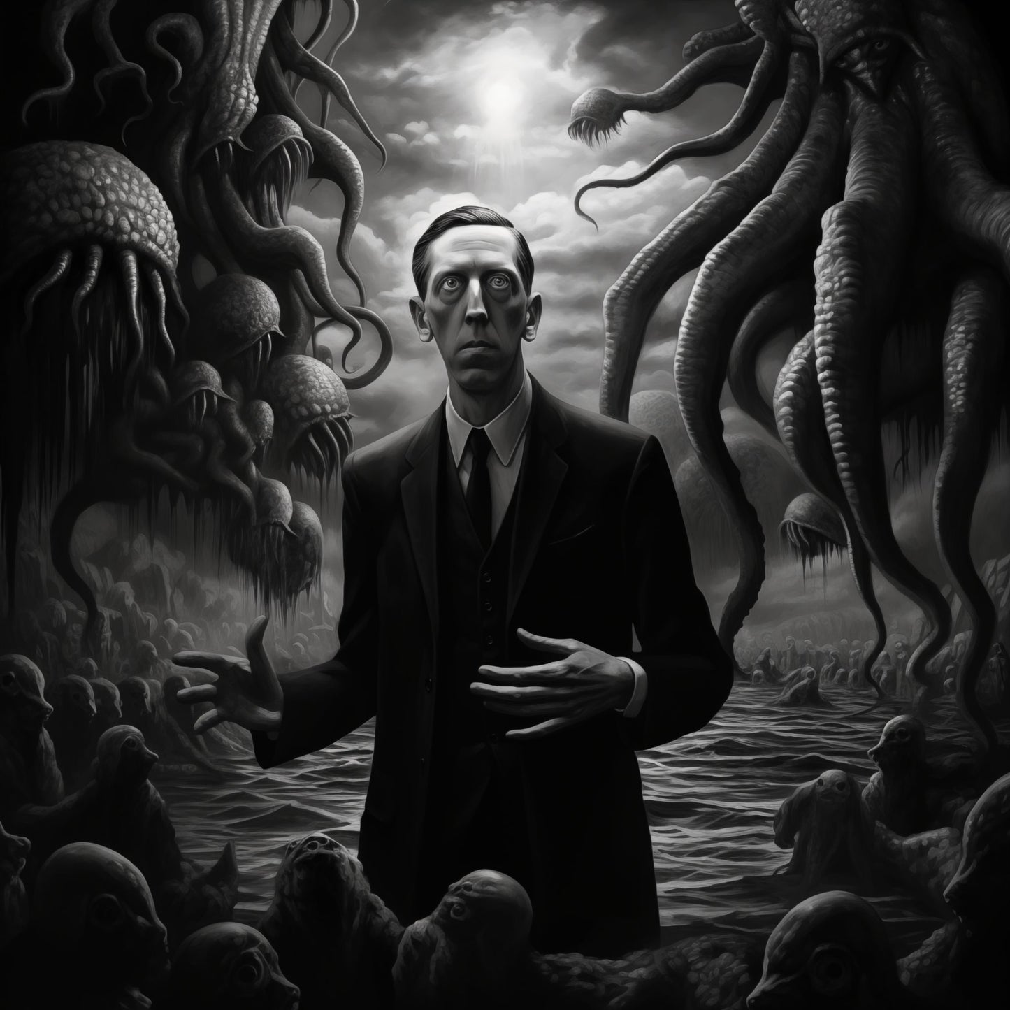 Man in a suit surrounded by alien creatures in a dark, otherworldly landscape