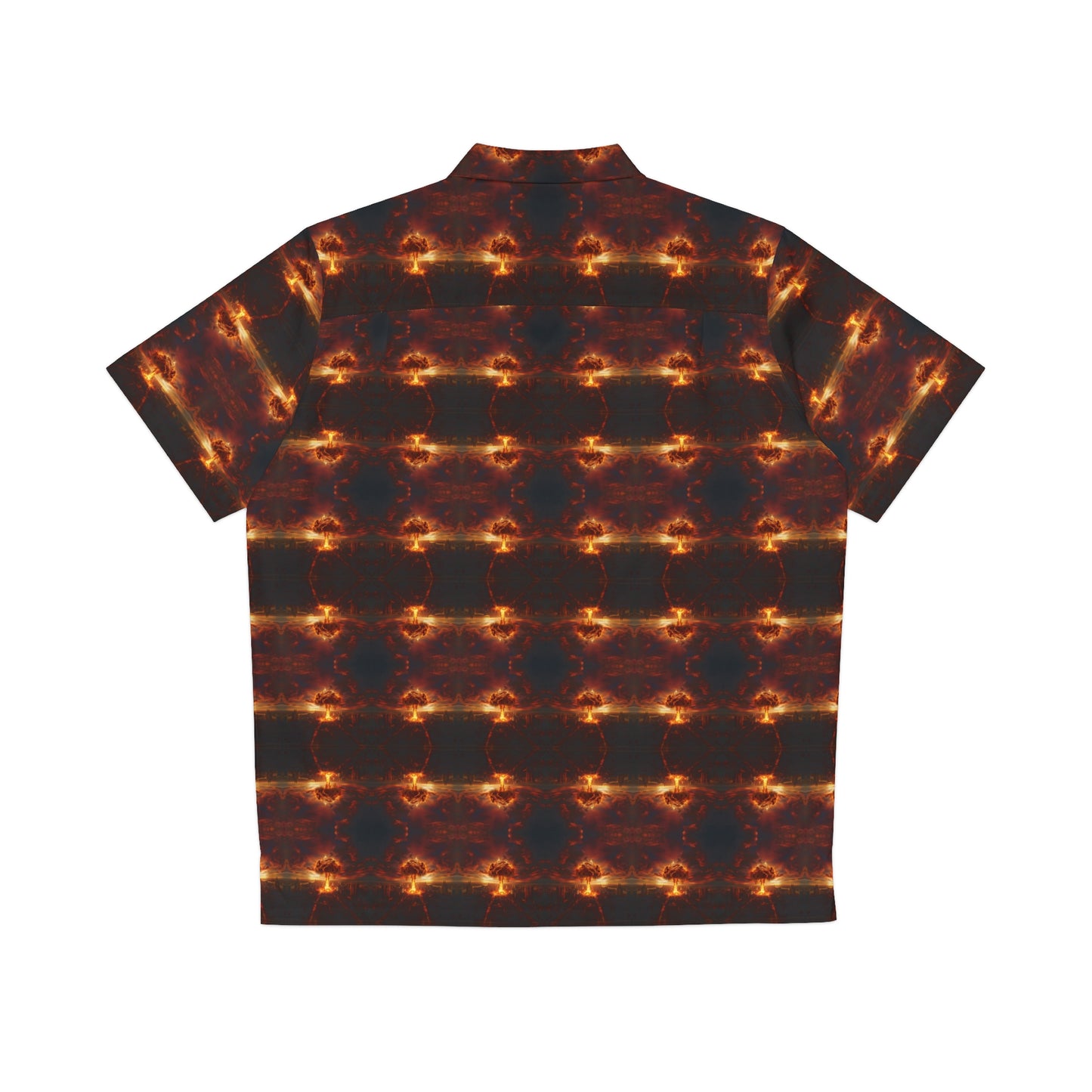 "Nuclear Attack" men's Hawaiian shirt with atomic explosion graphic in monster aloha pattern; back view; flat lay.
