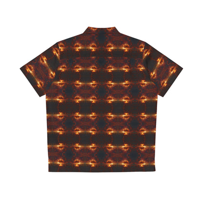 "Nuclear Attack" men's Hawaiian shirt with atomic explosion graphic in monster aloha pattern; back view; flat lay.
