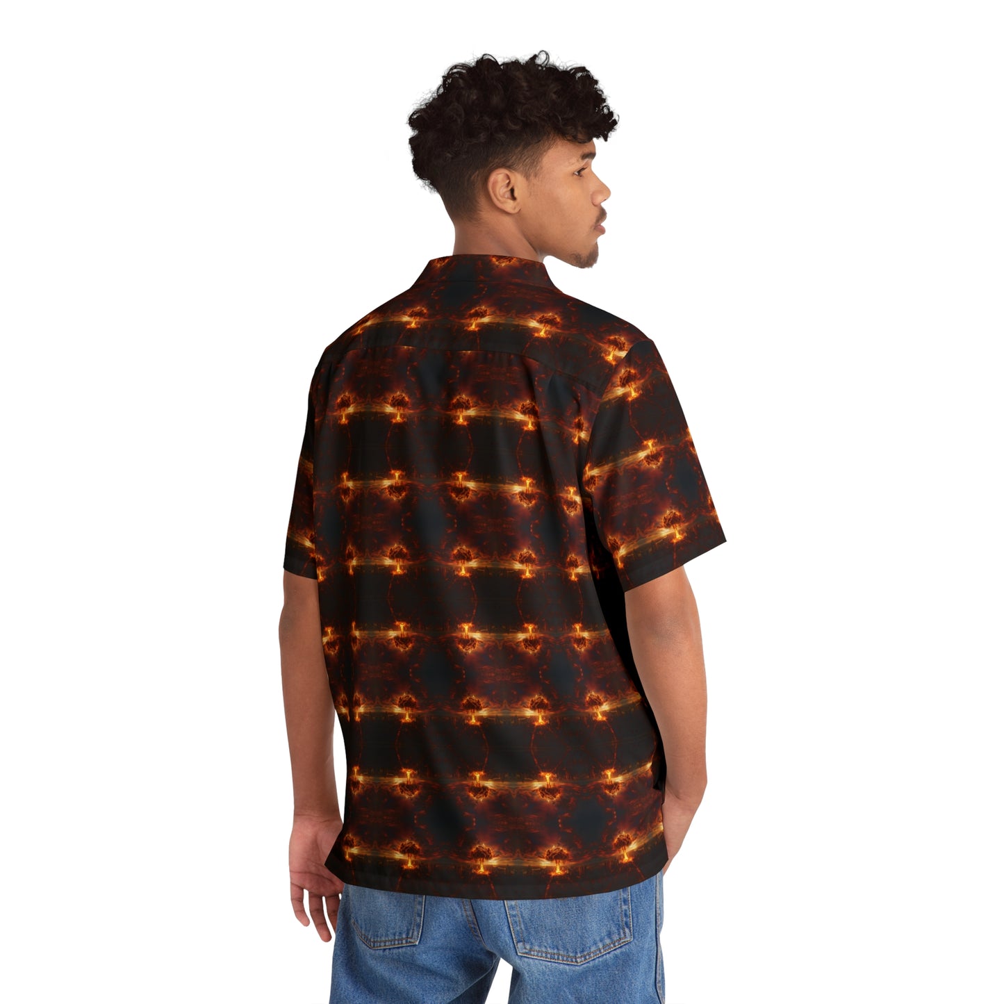 "Nuclear Attack" men's Hawaiian shirt with atomic explosion graphic in monster aloha pattern; back view; on model.
