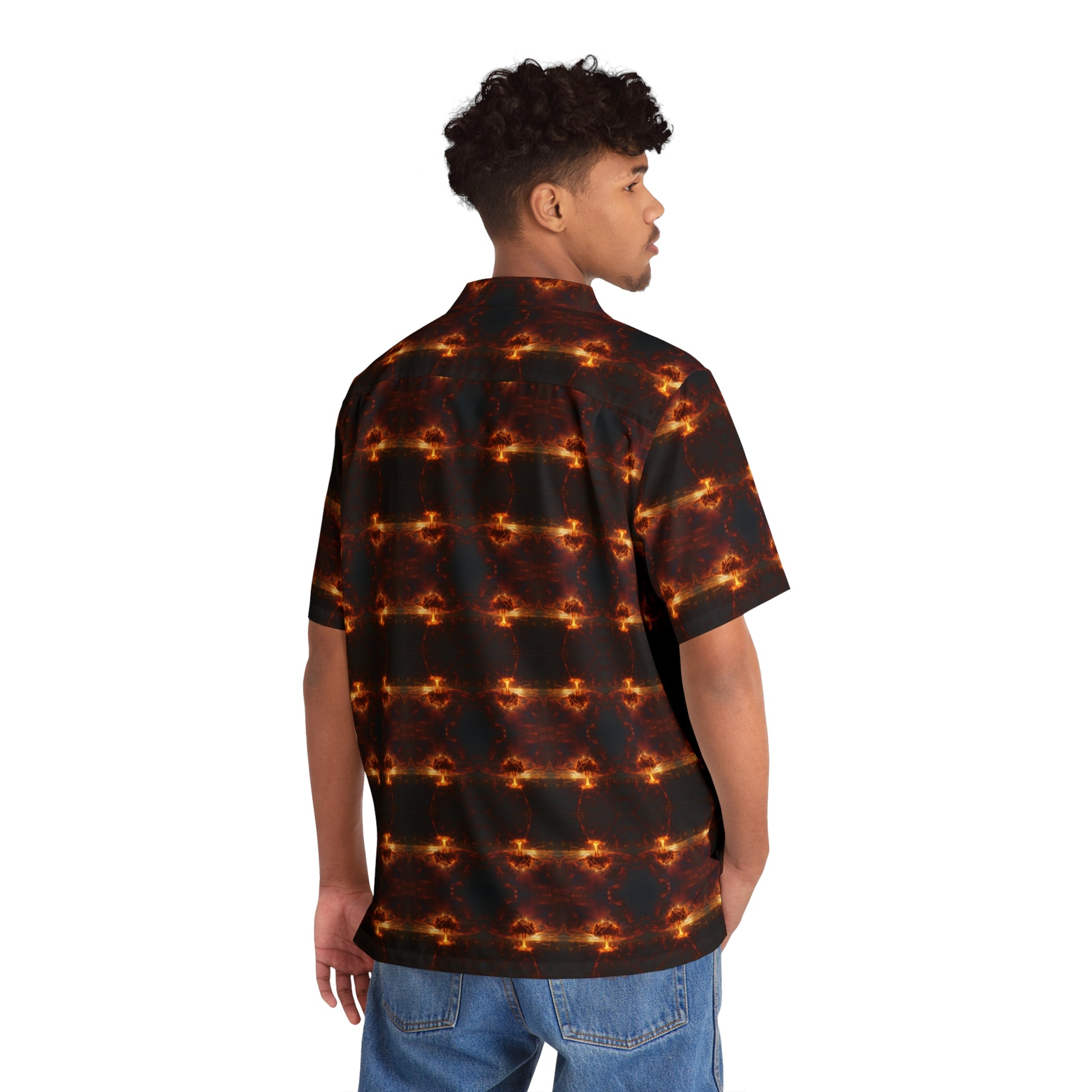 "Nuclear Attack" men's Hawaiian shirt with atomic explosion graphic in monster aloha pattern; back view; on model.
