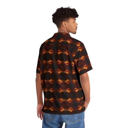 "Nuclear Attack" men's Hawaiian shirt with atomic explosion graphic in monster aloha pattern; back view; on model.
