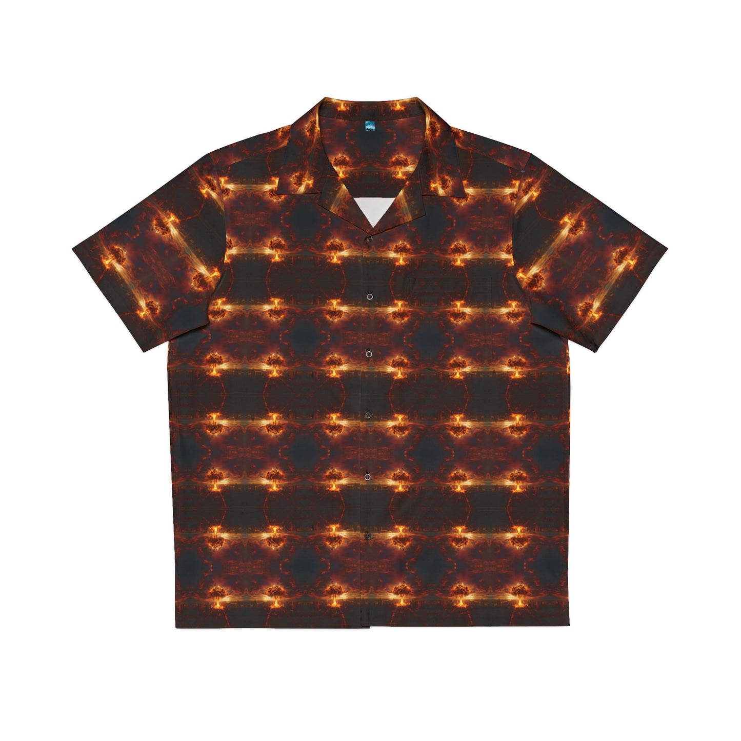 "Nuclear Attack" men's Hawaiian shirt with atomic explosion graphic in monster aloha pattern; front view; flat lay.
