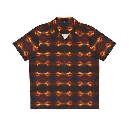"Nuclear Attack" men's Hawaiian shirt with atomic explosion graphic in monster aloha pattern; front view; flat lay.
