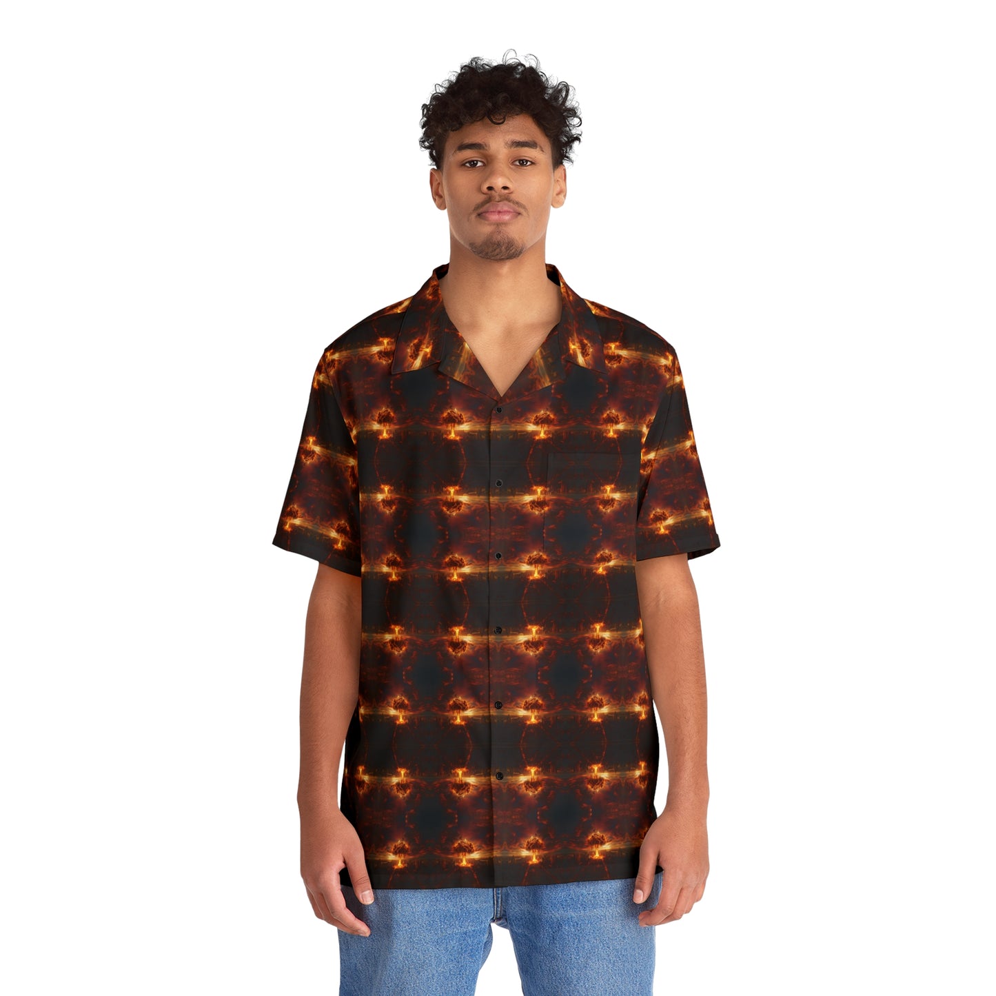 "Nuclear Attack" men’s Hawaiian shirt with atomic explosion graphic in monster aloha pattern; front view; on model.
