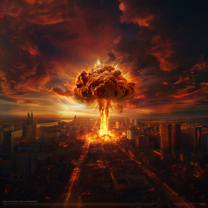 Atomic explosion over a cityscape with a dark, fiery sky.  