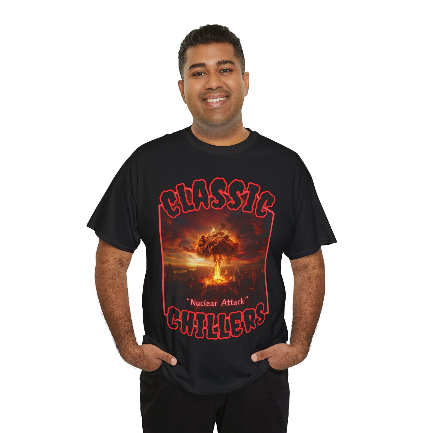 "Nuclear Attack" black t-shirt with atomic explosion graphic and classic chillers logo; front view; on model.