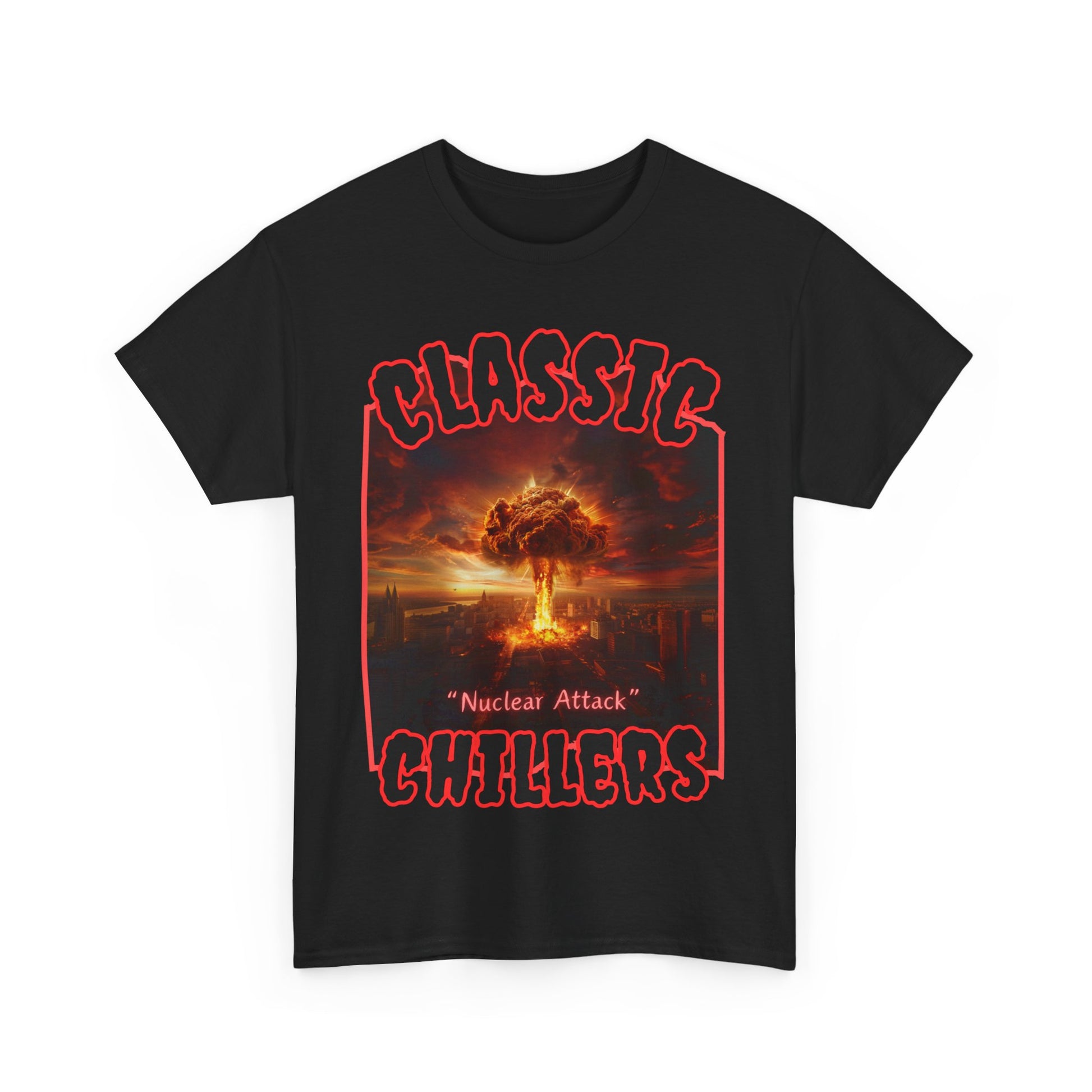 "Nuclear Attack" black t-shirt with atomic explosion graphic and classic chillers logo; front view; flat lay.