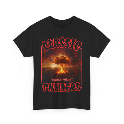 "Nuclear Attack" black t-shirt with atomic explosion graphic and classic chillers logo; front view; flat lay.