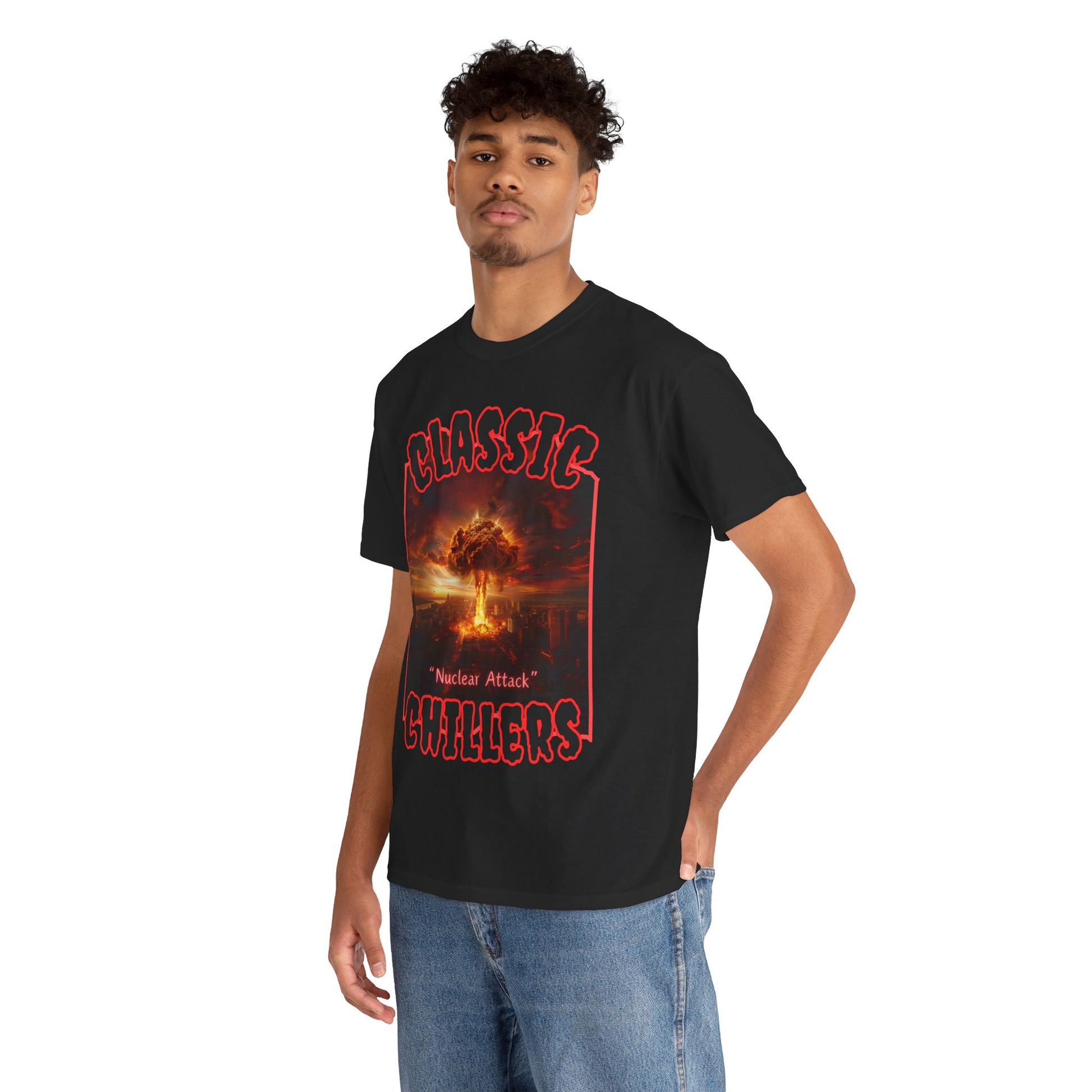 "Nuclear Attack" black t-shirt with atomic explosion graphic and classic chillers logo; three-quarter view; on model.