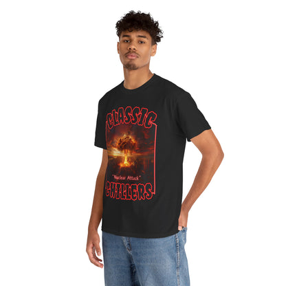 "Nuclear Attack" black t-shirt with atomic explosion graphic and classic chillers logo; three-quarter view; on model.