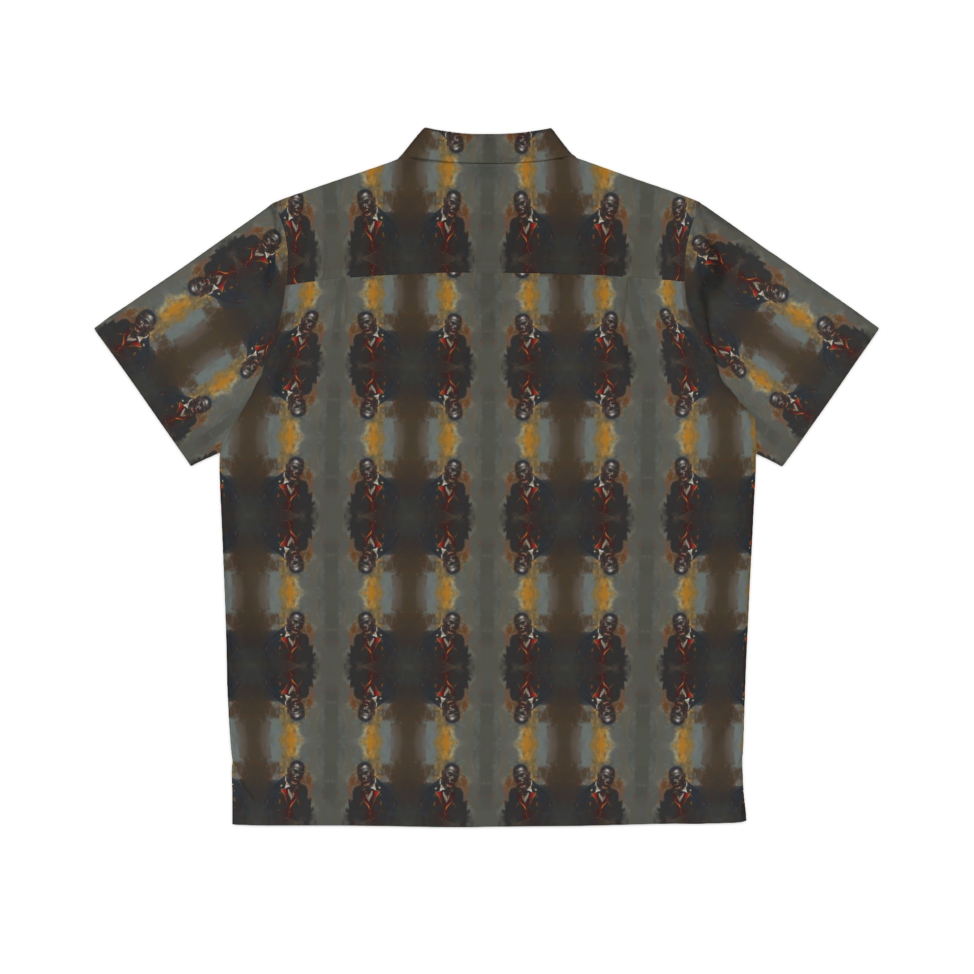 "Savage Dracula" men's Hawaiian shirt with vicious black vampire graphic in monster aloha pattern; back view; flat lay.
