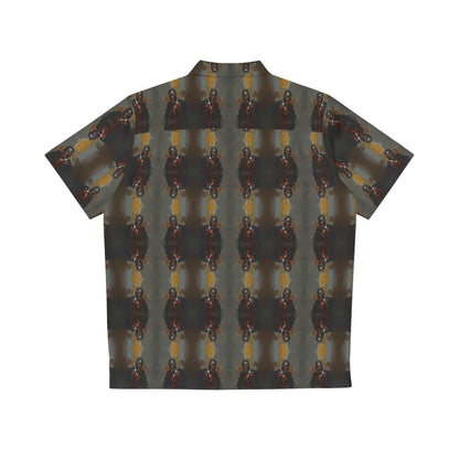 "Savage Dracula" men's Hawaiian shirt with vicious black vampire graphic in monster aloha pattern; back view; flat lay.
