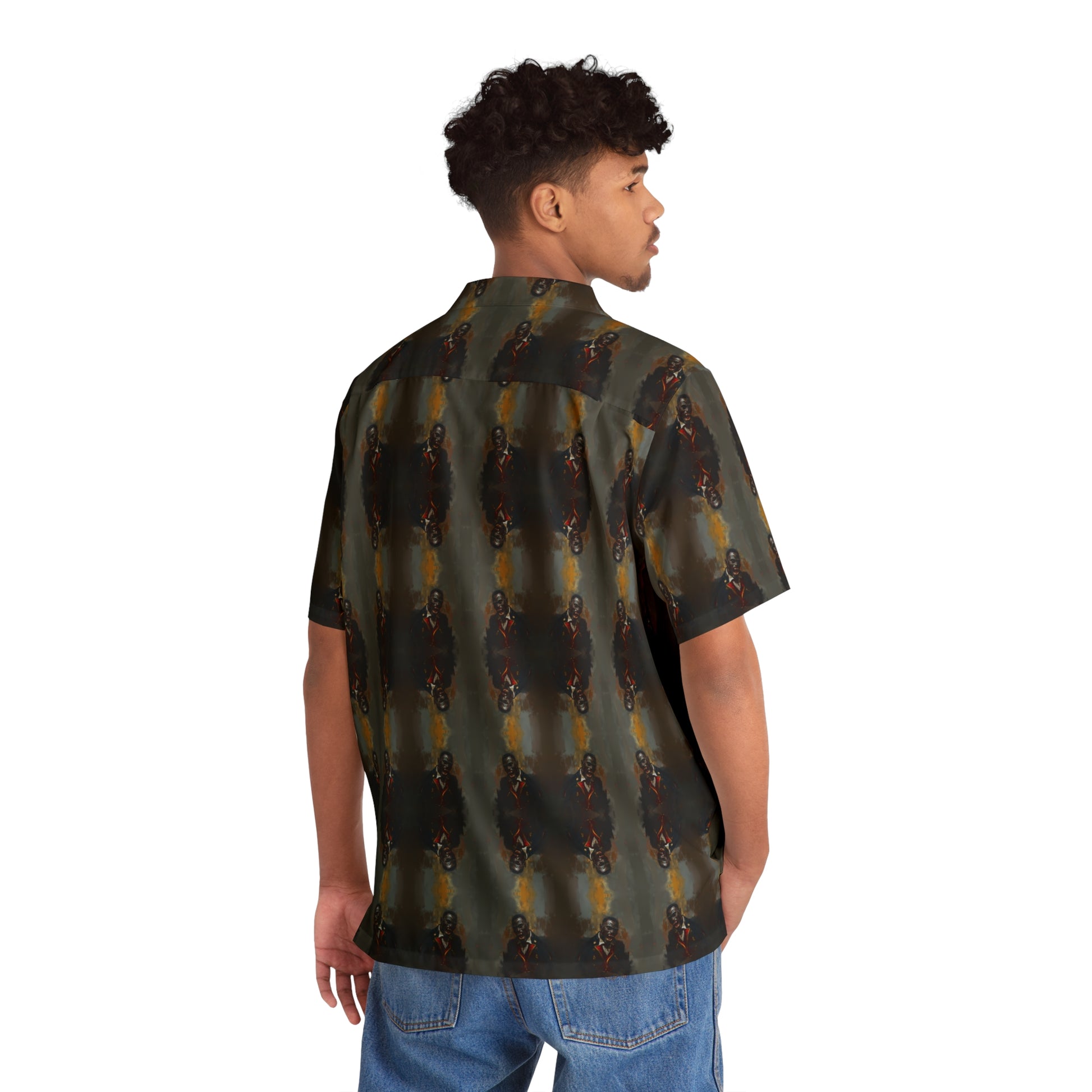 "Savage Dracula" men's Hawaiian shirt with vicious black vampire graphic in monster aloha pattern; back view; on model.
