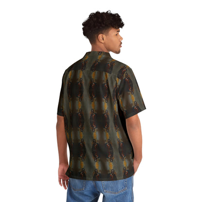"Savage Dracula" men's Hawaiian shirt with vicious black vampire graphic in monster aloha pattern; back view; on model.

