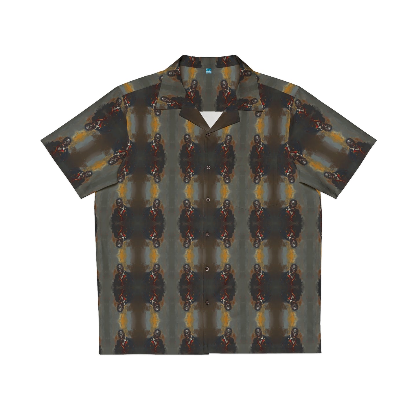 "Savage Dracula" men's Hawaiian shirt with vicious black vampire graphic in monster aloha pattern; front view; flat lay.
