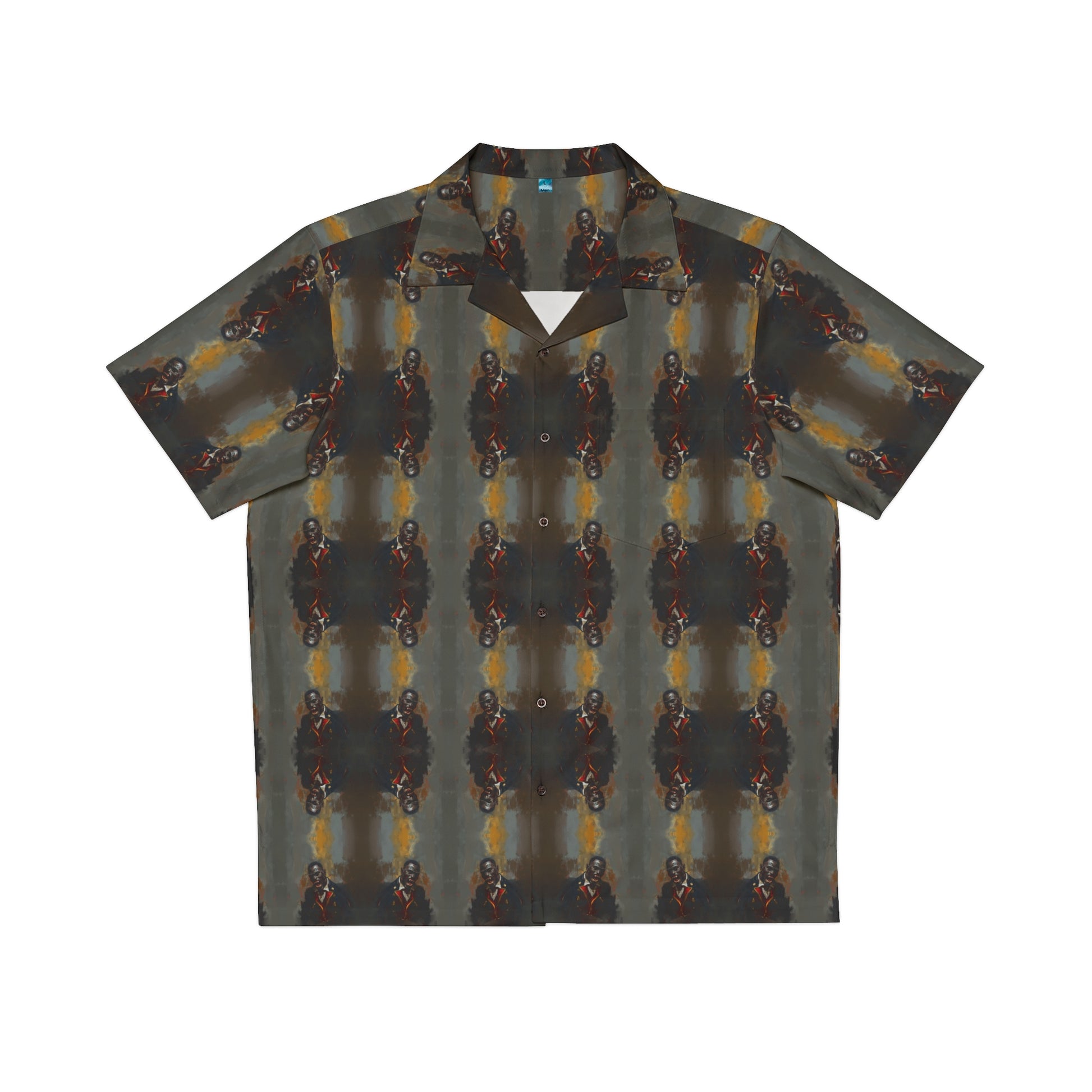 "Savage Dracula" men's Hawaiian shirt with vicious black vampire graphic in monster aloha pattern; front view; flat lay.
