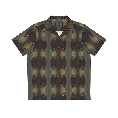 "Savage Dracula" men's Hawaiian shirt with vicious black vampire graphic in monster aloha pattern; front view; flat lay.
