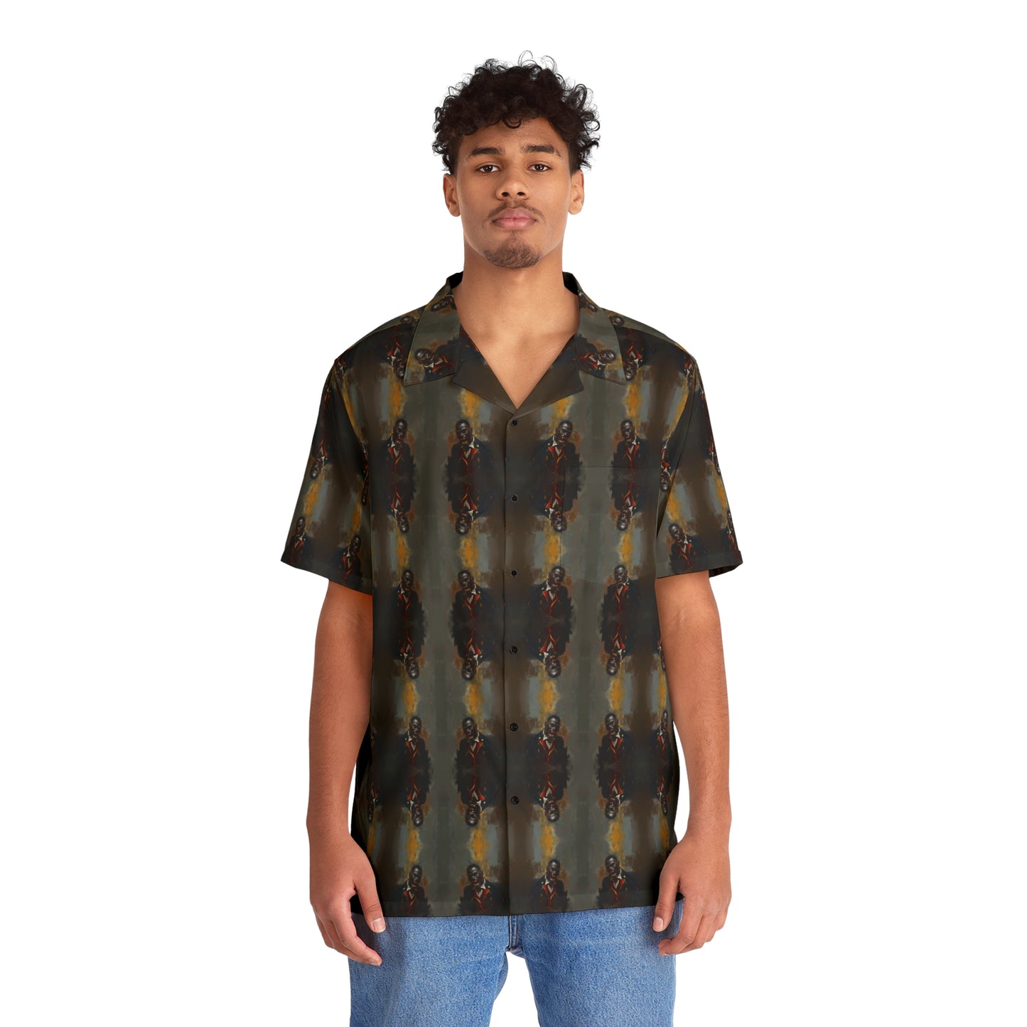 "Savage Dracula" men’s Hawaiian shirt with vicious black vampire graphic in monster aloha pattern; front view; on model.
