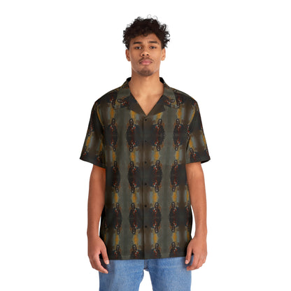 "Savage Dracula" men’s Hawaiian shirt with vicious black vampire graphic in monster aloha pattern; front view; on model.
