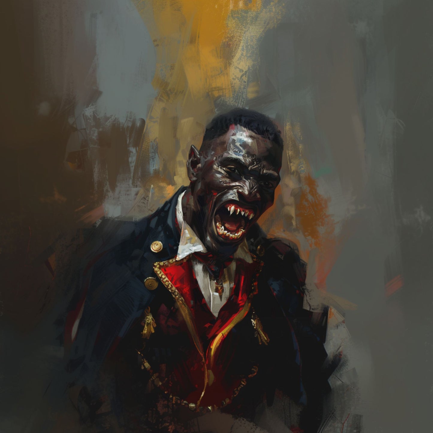 "Savage Dracula" vicious black vampire wearing a red and gold vest; snarling.