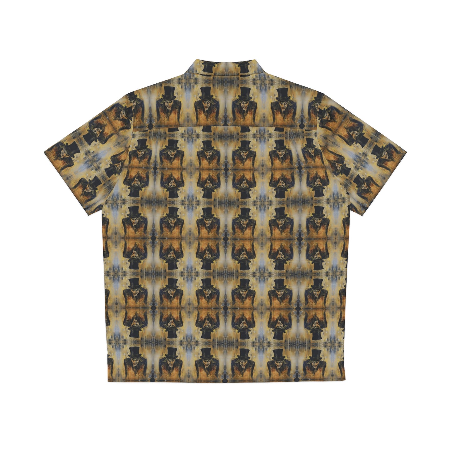 "Sinister Mr Hyde" men's Hawaiian shirt with gothic man of murder graphic in monster aloha pattern; back view; flat lay.

