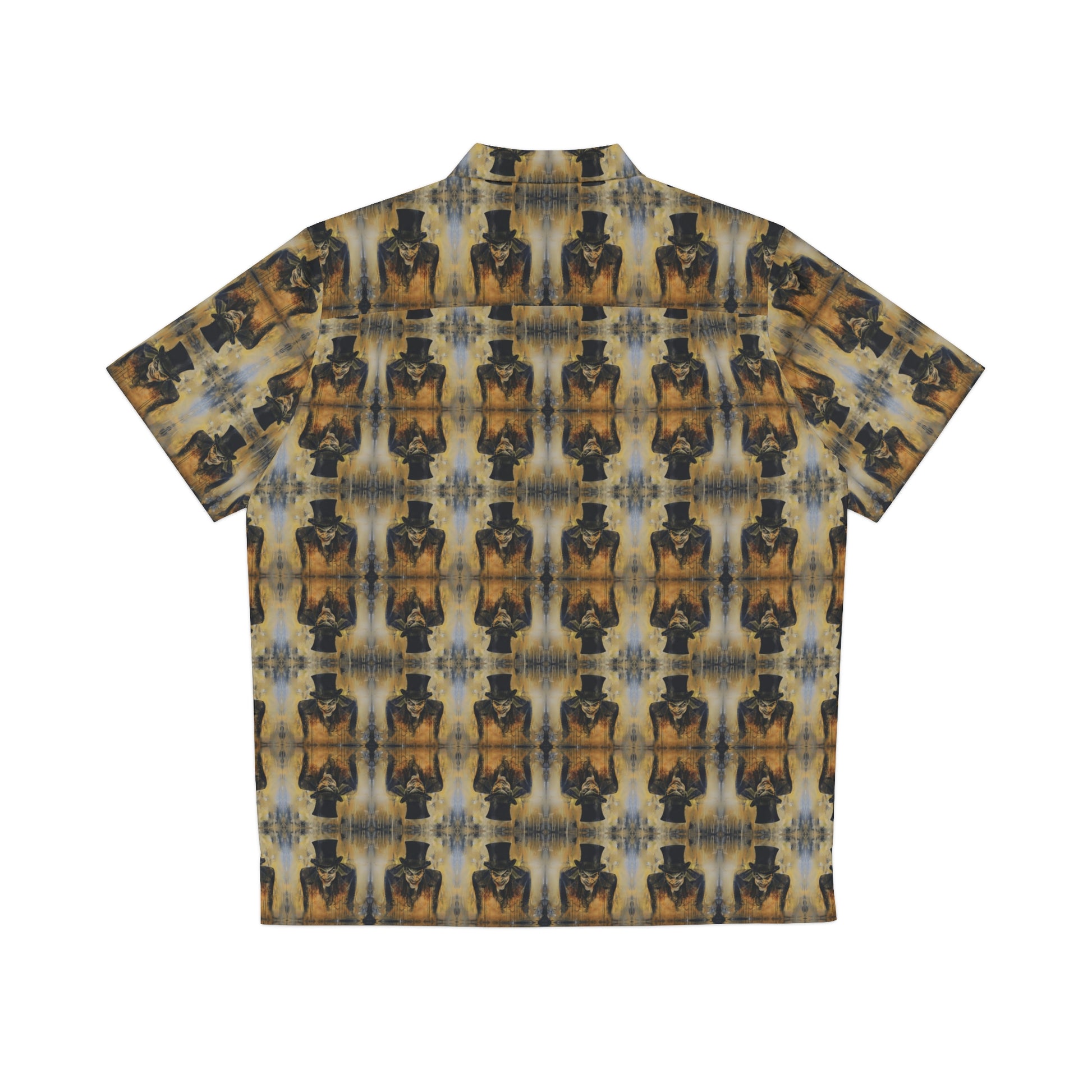 "Sinister Mr Hyde" men's Hawaiian shirt with gothic man of murder graphic in monster aloha pattern; back view; flat lay.
