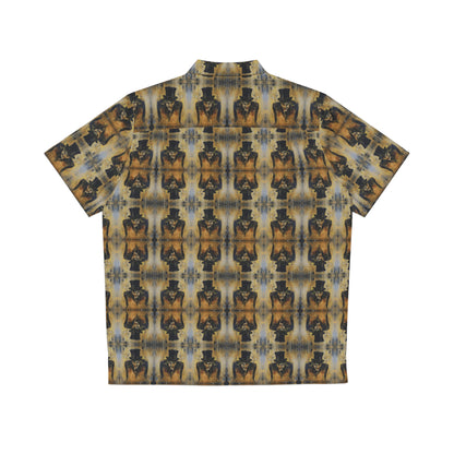 "Sinister Mr Hyde" men's Hawaiian shirt with gothic man of murder graphic in monster aloha pattern; back view; flat lay.
