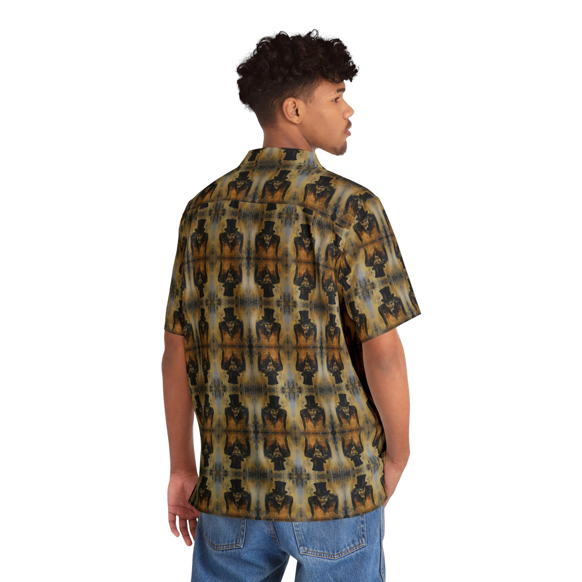 "Sinister Mr Hyde" men's Hawaiian shirt with gothic man of murder graphic in monster aloha pattern; back view; on model.
