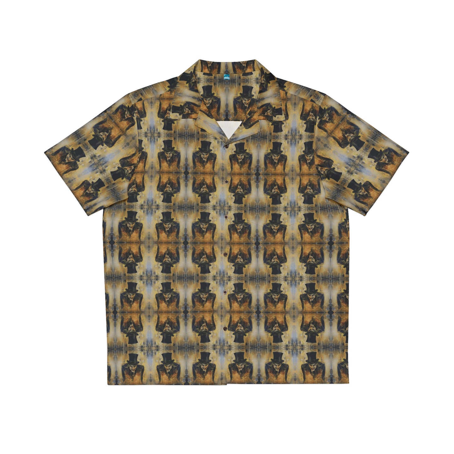 "Sinister Mr Hyde" men's Hawaiian shirt with gothic man of murder graphic in monster aloha pattern; front view; flat lay.
