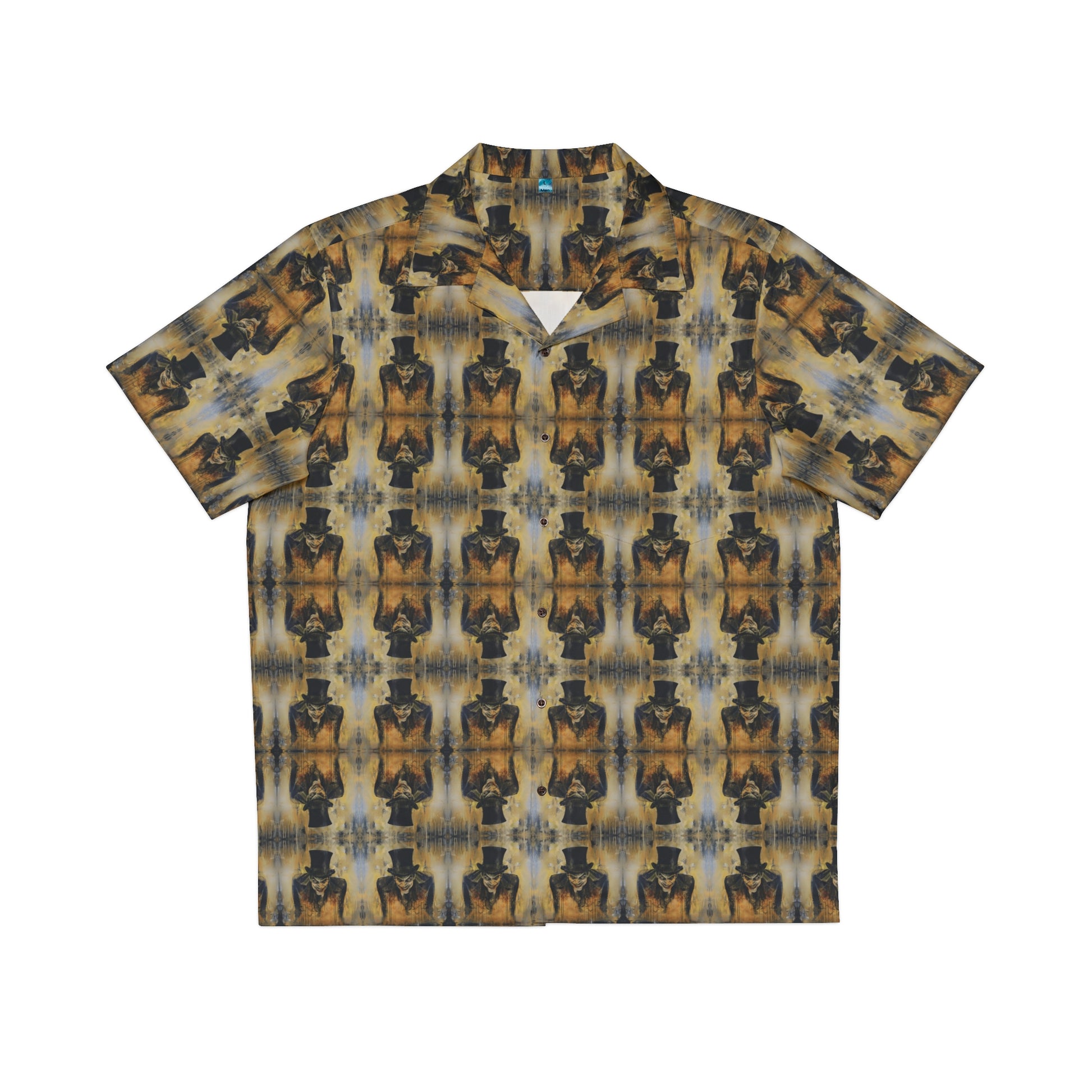 "Sinister Mr Hyde" men's Hawaiian shirt with gothic man of murder graphic in monster aloha pattern; front view; flat lay.
