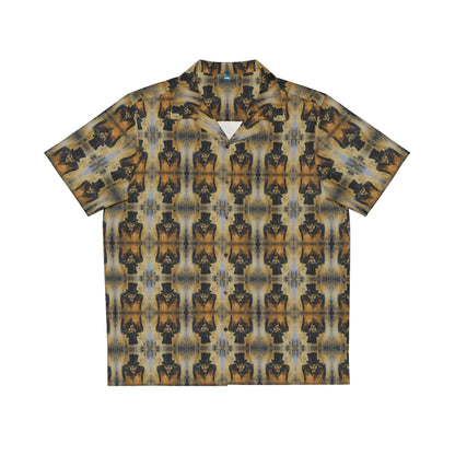 "Sinister Mr Hyde" men's Hawaiian shirt with gothic man of murder graphic in monster aloha pattern; front view; flat lay.
