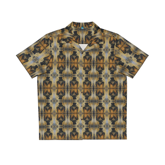 "Sinister Mr Hyde" men's Hawaiian shirt with gothic man of murder graphic in monster aloha pattern; front view; flat lay.
