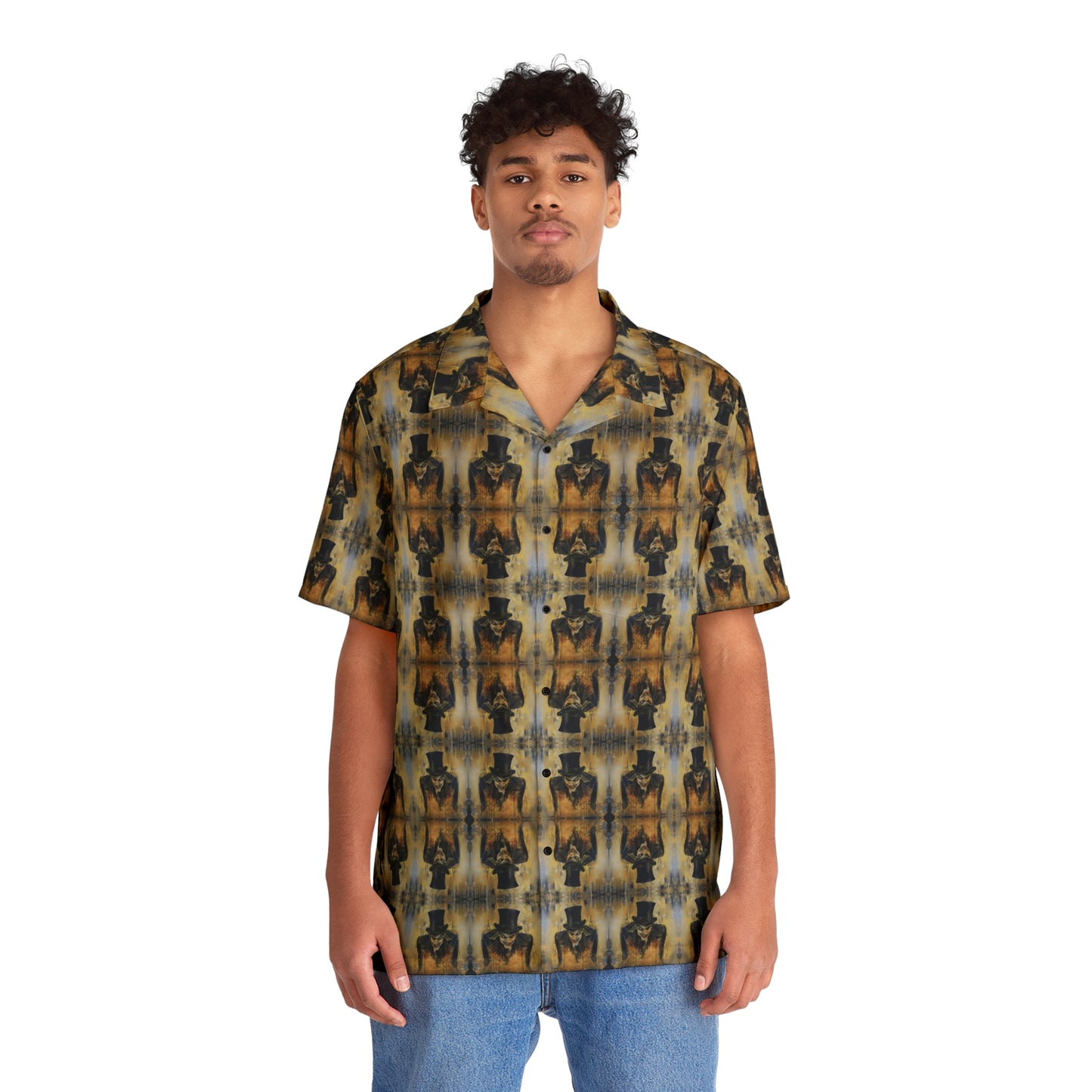 "Sinister Mr Hyde" men’s Hawaiian shirt with gothic man of murder graphic in monster aloha pattern; front view; on model.
