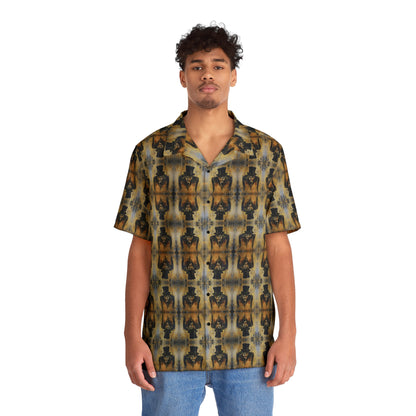 "Sinister Mr Hyde" men’s Hawaiian shirt with gothic man of murder graphic in monster aloha pattern; front view; on model.
