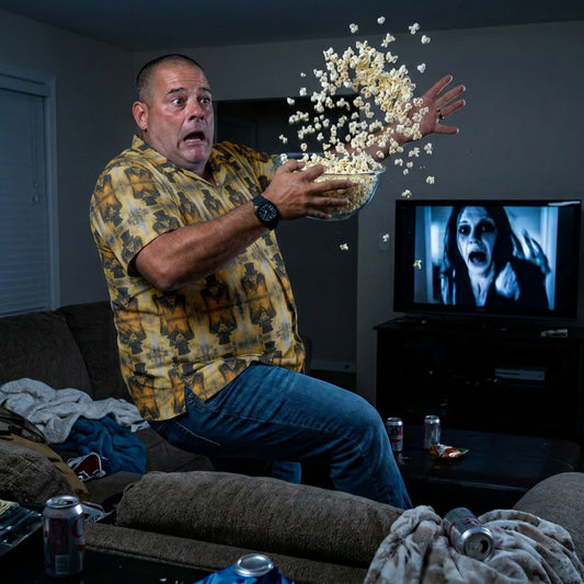 "Sinister Mr Hyde" men’s Hawaiian shirt with gothic man of murder graphic in monster aloha pattern;three-quarter view; on model startled in a living room throws popcorn into the air with  a TV showing a horror movie
