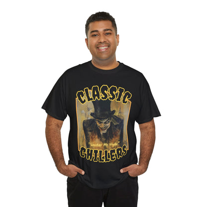 "Sinister Mr. Hyde" black t-shirt with gothic man of murder graphic and classic chillers logo; front view; on model.
