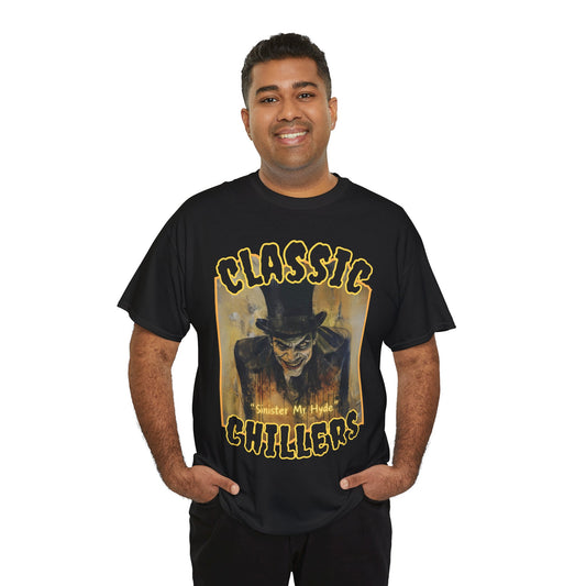 "Sinister Mr. Hyde" black t-shirt with gothic man of murder graphic and classic chillers logo; front view; on model.

