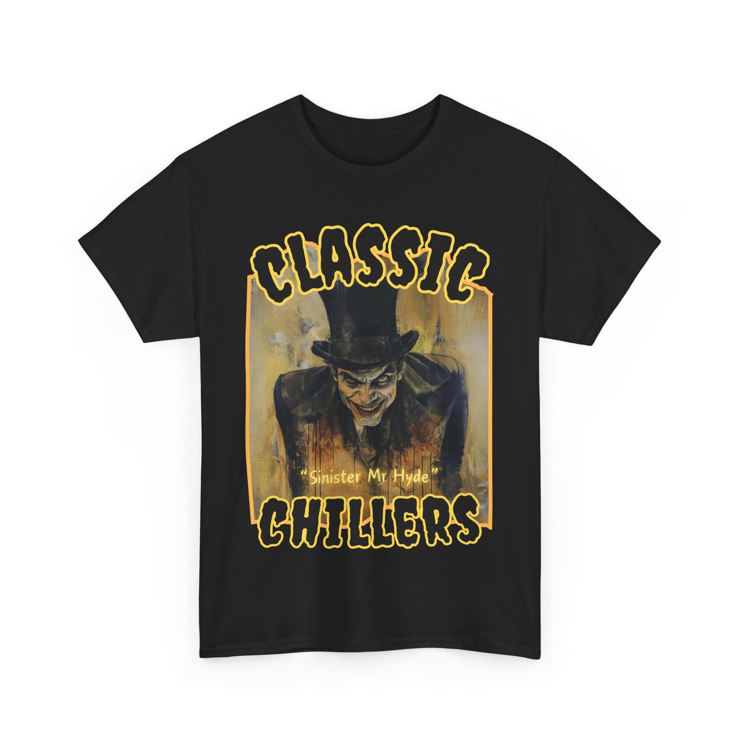 "Sinister Mr. Hyde" black t-shirt with gothic man of murder graphic and classic chillers logo; front view; flat lay.
