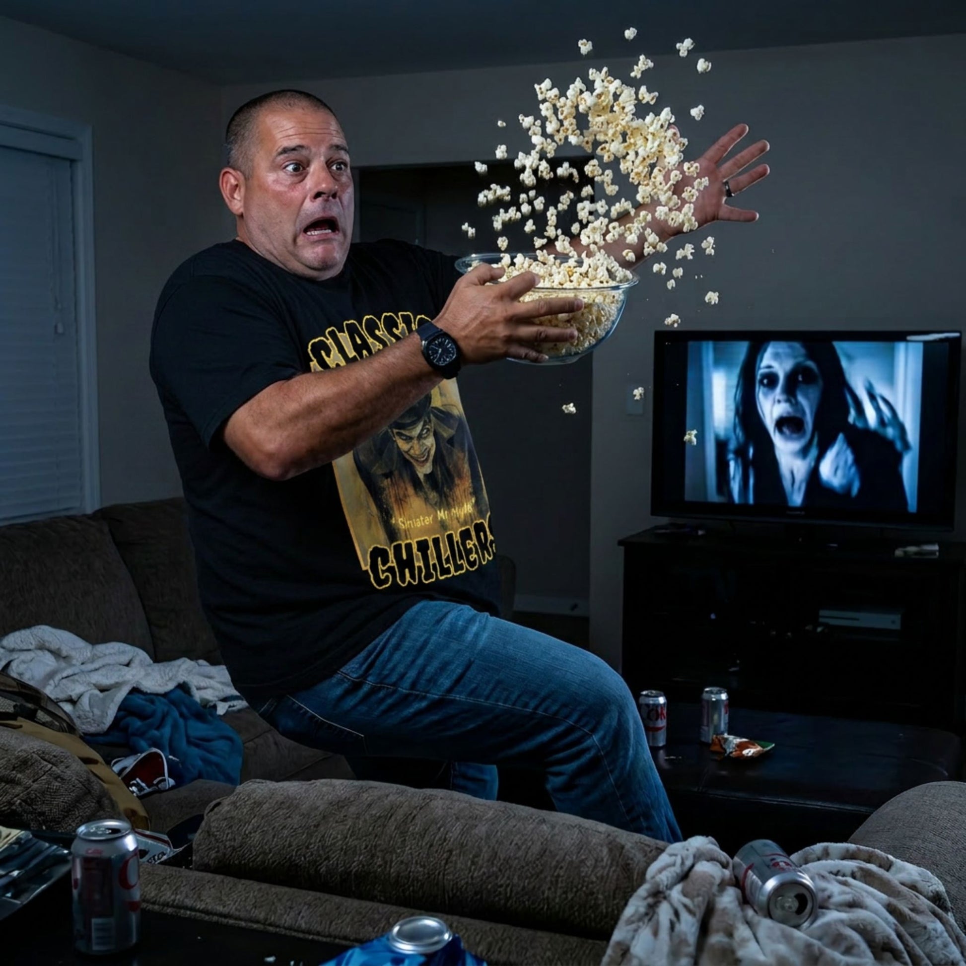 "Sinister Mr Hyde" black t-shirt with gothic man of murder graphic and classic chillers logo; three-quarter view; on model startled in a living room throws popcorn into the air with  a TV showing a horror movie
