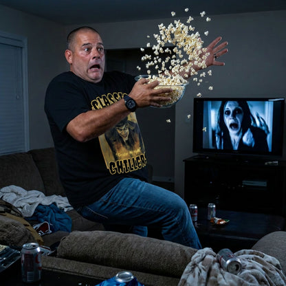 "Sinister Mr Hyde" black t-shirt with gothic man of murder graphic and classic chillers logo; three-quarter view; on model startled in a living room throws popcorn into the air with  a TV showing a horror movie
