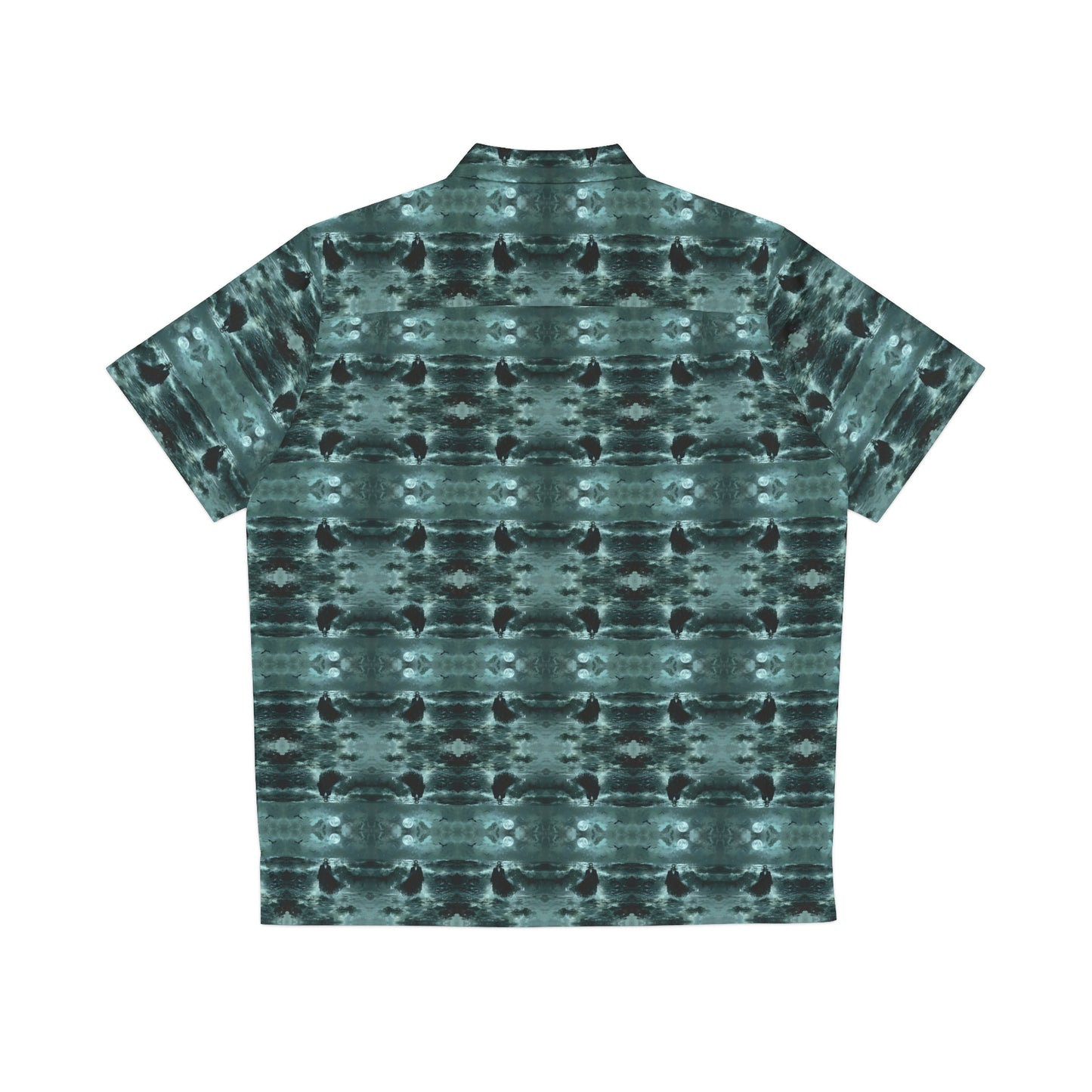 "Surfside Dracula" men's Hawaiian shirt with vampire in the ocean graphic in monster aloha pattern; back view; flat lay.
