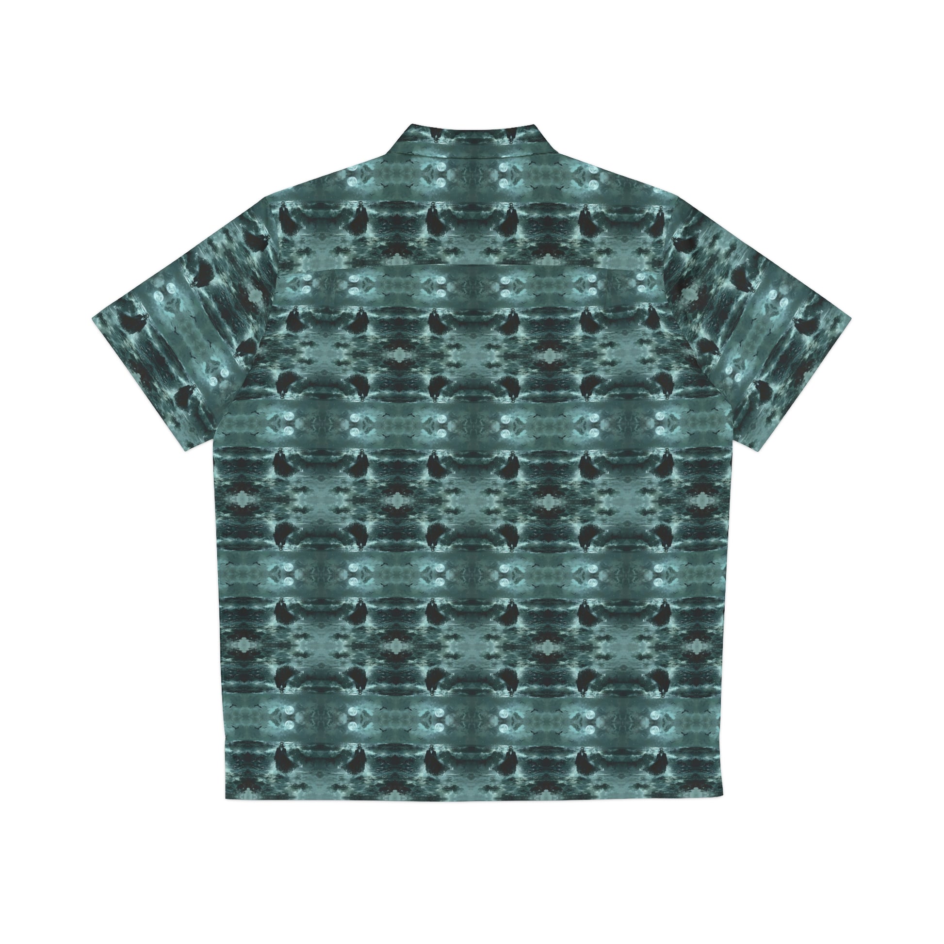 "Surfside Dracula" men's Hawaiian shirt with vampire in the ocean graphic in monster aloha pattern; back view; flat lay.
