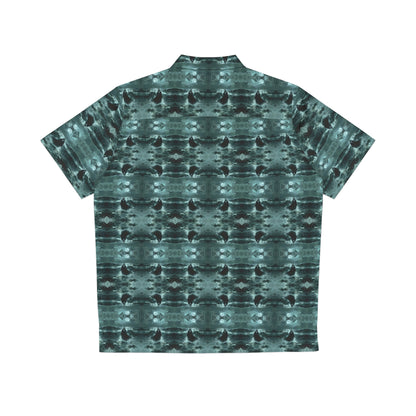 "Surfside Dracula" men's Hawaiian shirt with vampire in the ocean graphic in monster aloha pattern; back view; flat lay.
