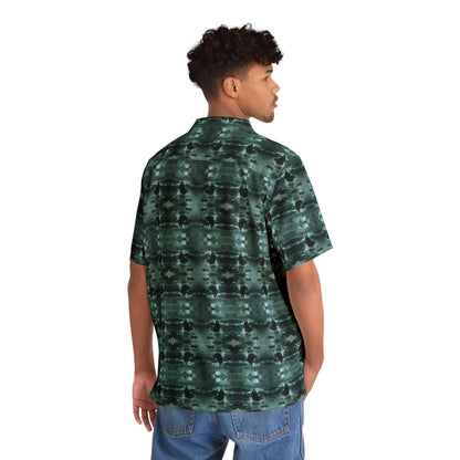 "Surfside Dracula" men's Hawaiian shirt with vampire in the ocean graphic in monster aloha pattern; back view; on model.
