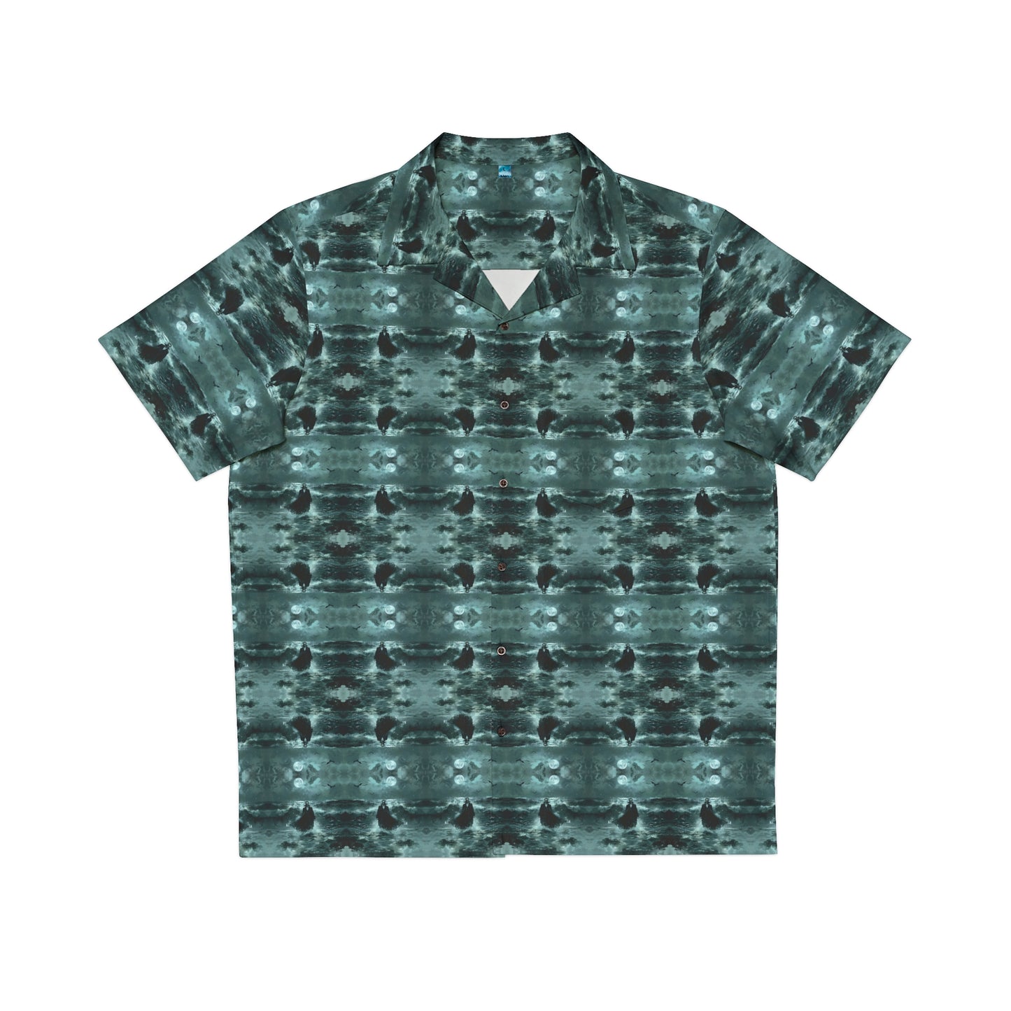 "Surfside Dracula" men's Hawaiian shirt with vampire in the ocean graphic in monster aloha pattern; front view; flat lay.
