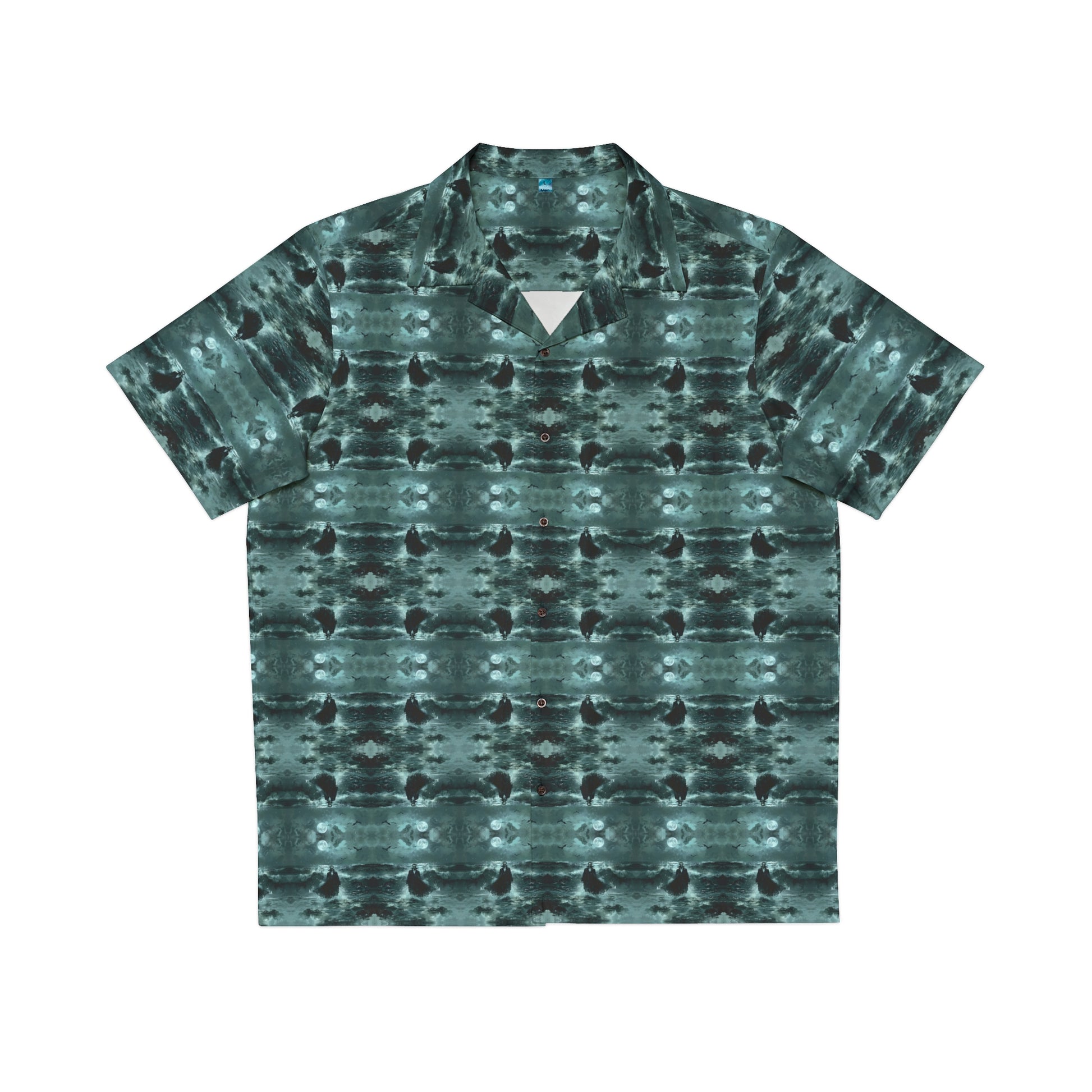 "Surfside Dracula" men's Hawaiian shirt with vampire in the ocean graphic in monster aloha pattern; front view; flat lay.
