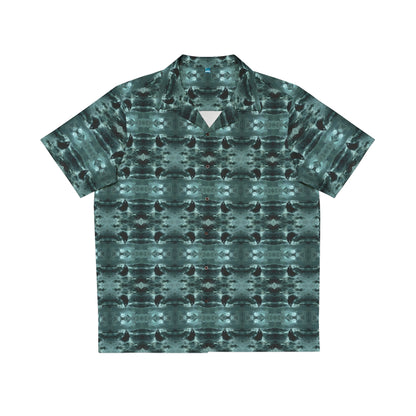 "Surfside Dracula" men's Hawaiian shirt with vampire in the ocean graphic in monster aloha pattern; front view; flat lay.
