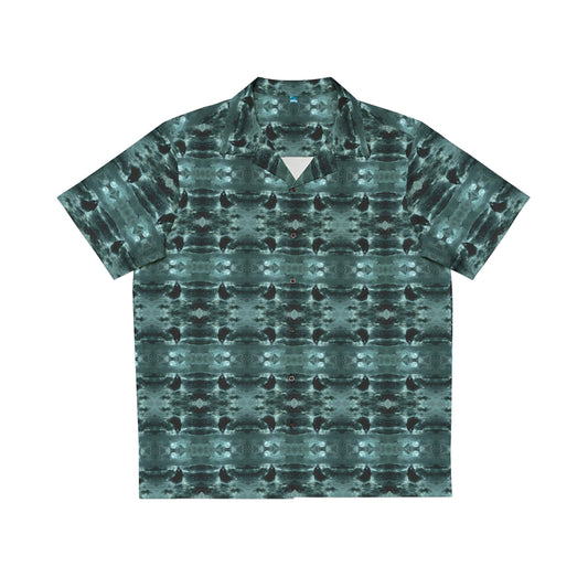 "Surfside Dracula" men's Hawaiian shirt with vampire in the ocean graphic in monster aloha pattern; front view; flat lay.
